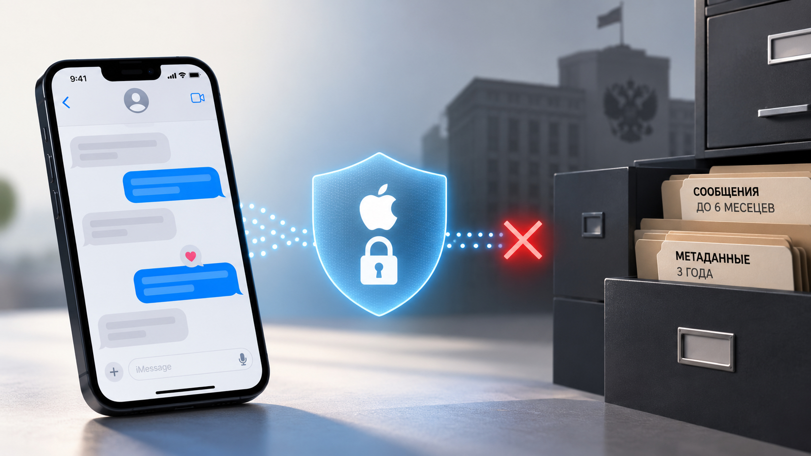 Переписка в iMessage защищена щитом Apple с замком, а рядом картотека с папками «Сообщения до 6 месяцев» и «Метаданные 3 года»