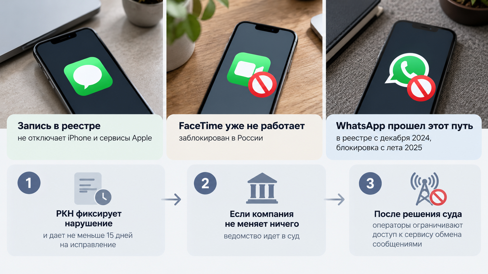 Схема: иконки Сообщений, FaceTime и WhatsApp на смартфонах и три шага от нарушения до ограничения доступа к сервису