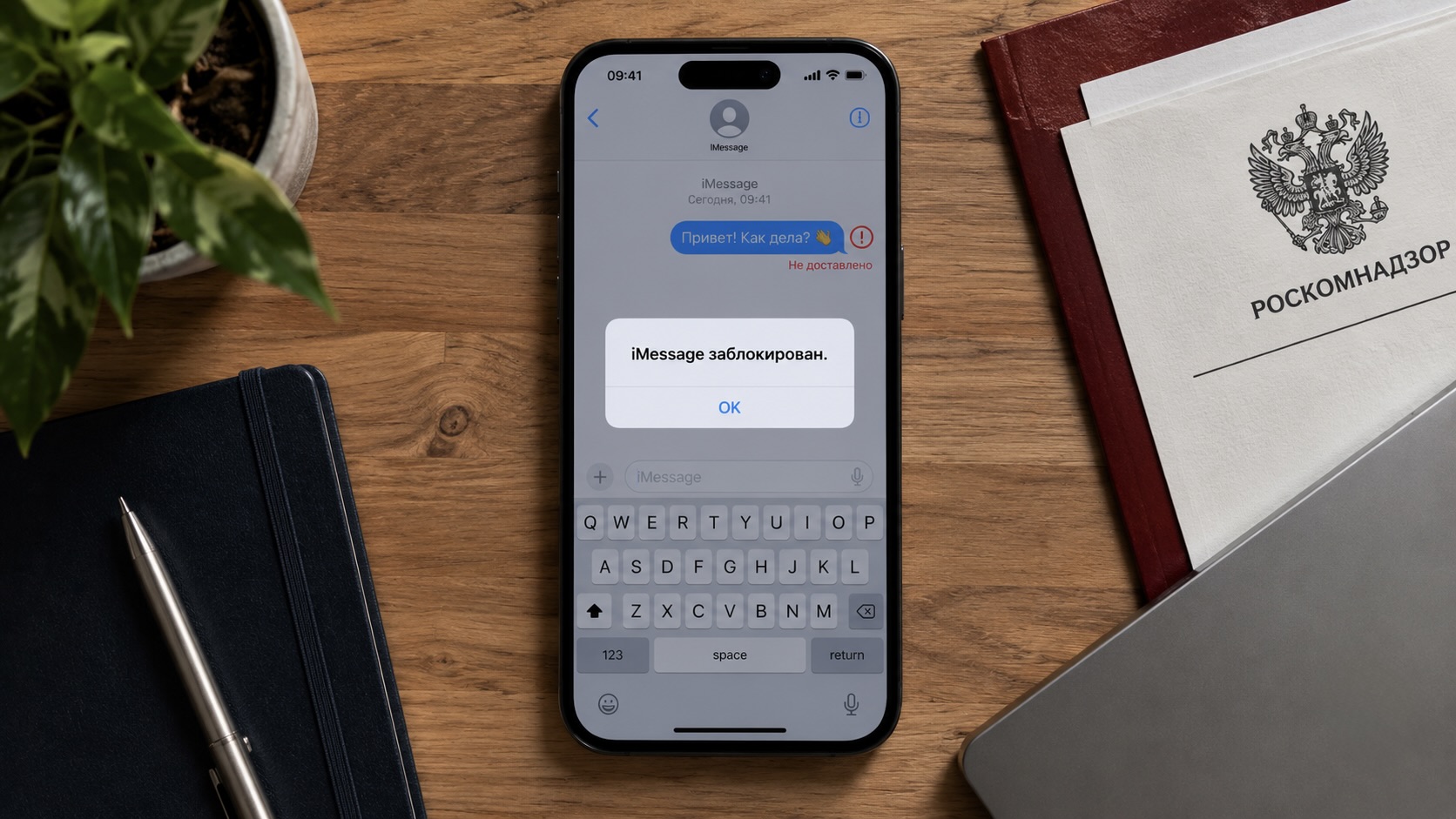 iPhone с открытым iMessage и окном «iMessage заблокирован» лежит на столе рядом с папкой Роскомнадзора