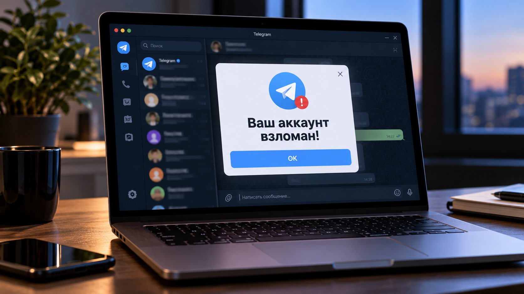 Telegram на экране MacBook с сообщением о взломе аккаунта